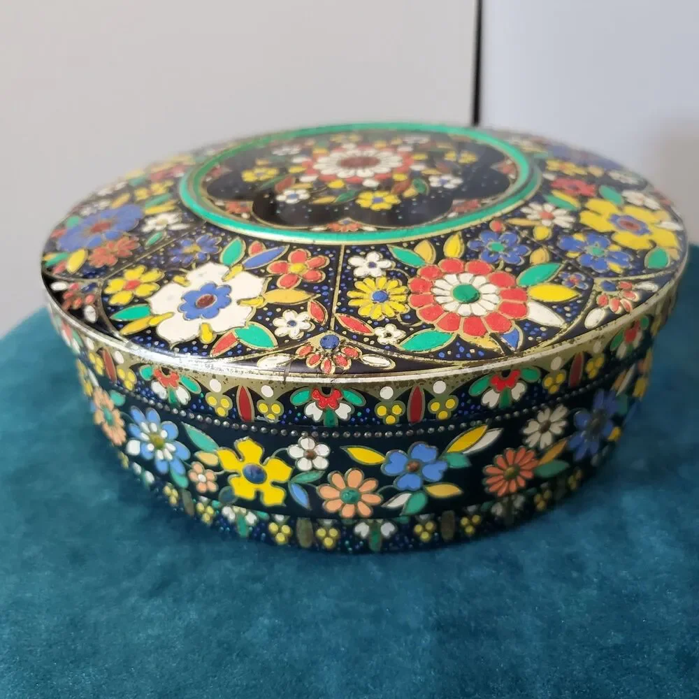 Vintage Floral Cloisonné Like Tin Metal Container With Lid Colorful 8